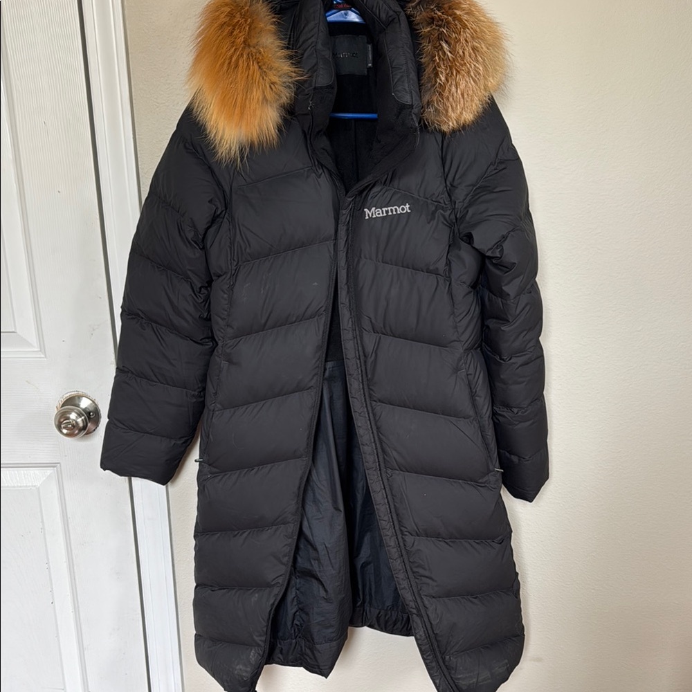 Marmot Montreal Black Puffer Coat with Fur Trim